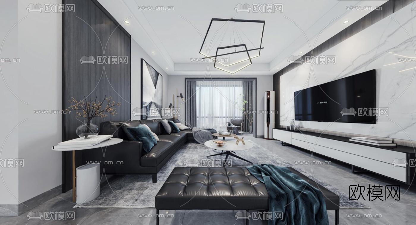 现代黑白灰客厅餐厅vr全景3d模型