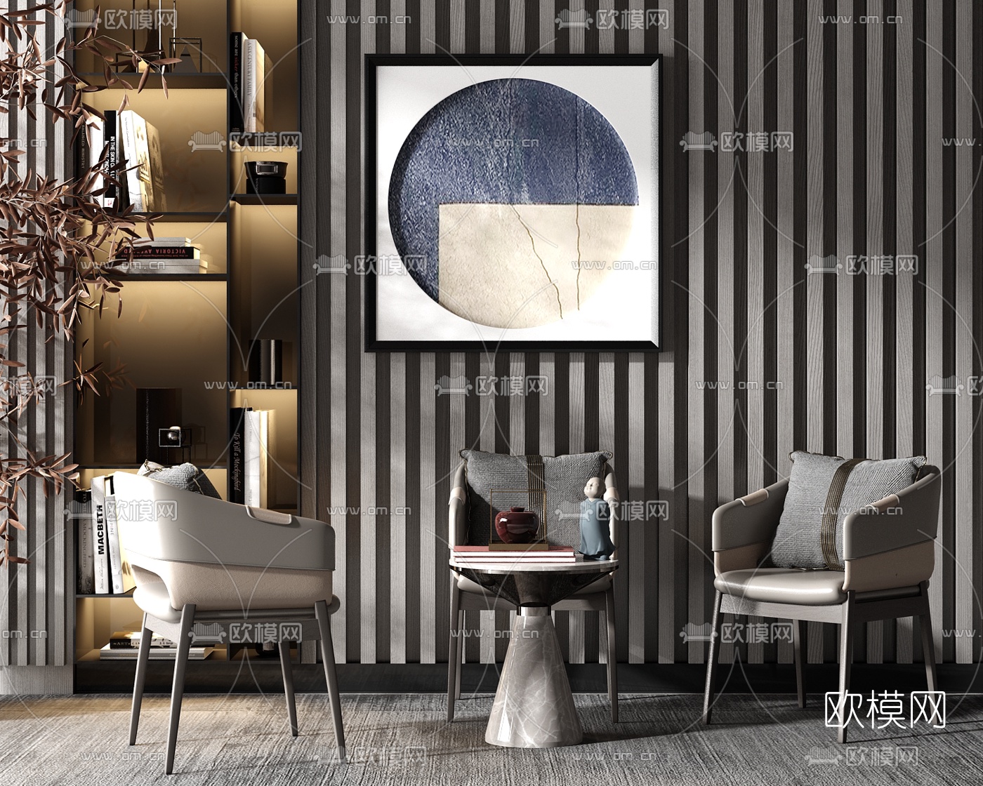 新中式布艺休闲椅su模型下载（渲染图1）