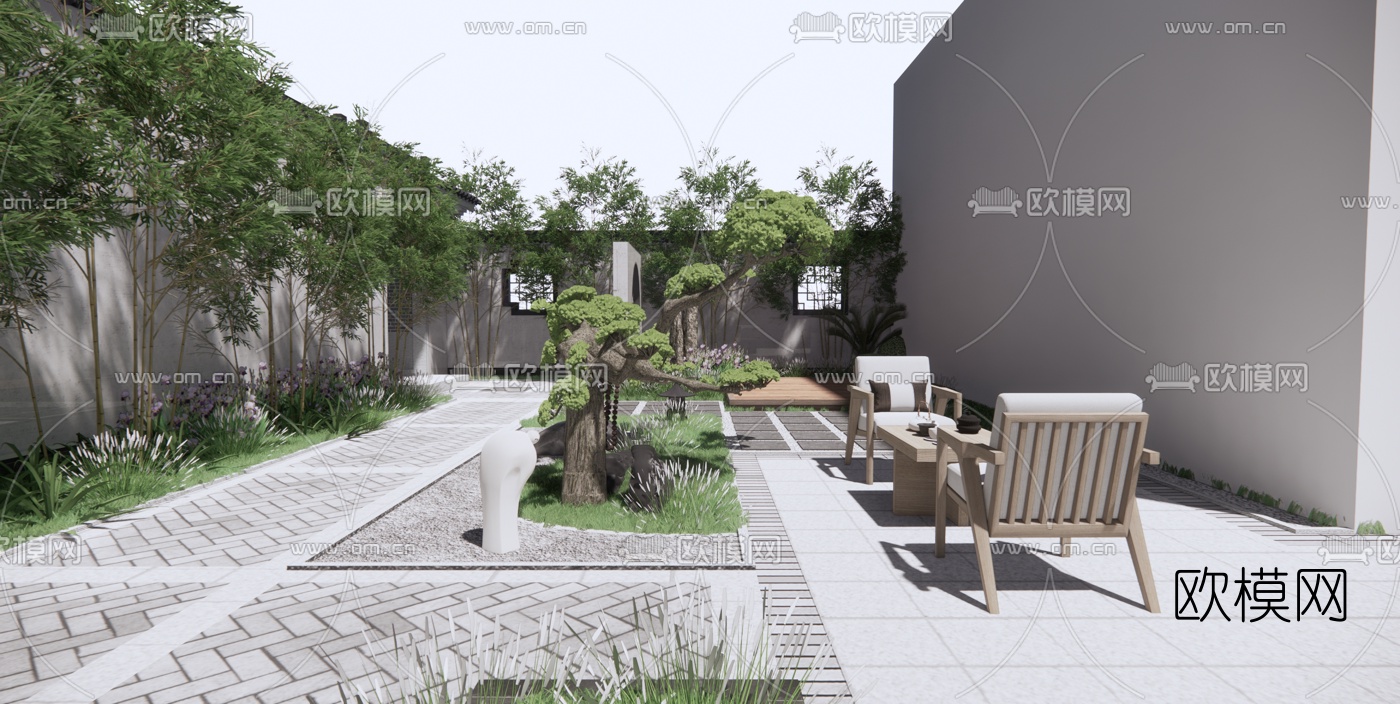 新中式庭院景观su模型下载（渲染图2）