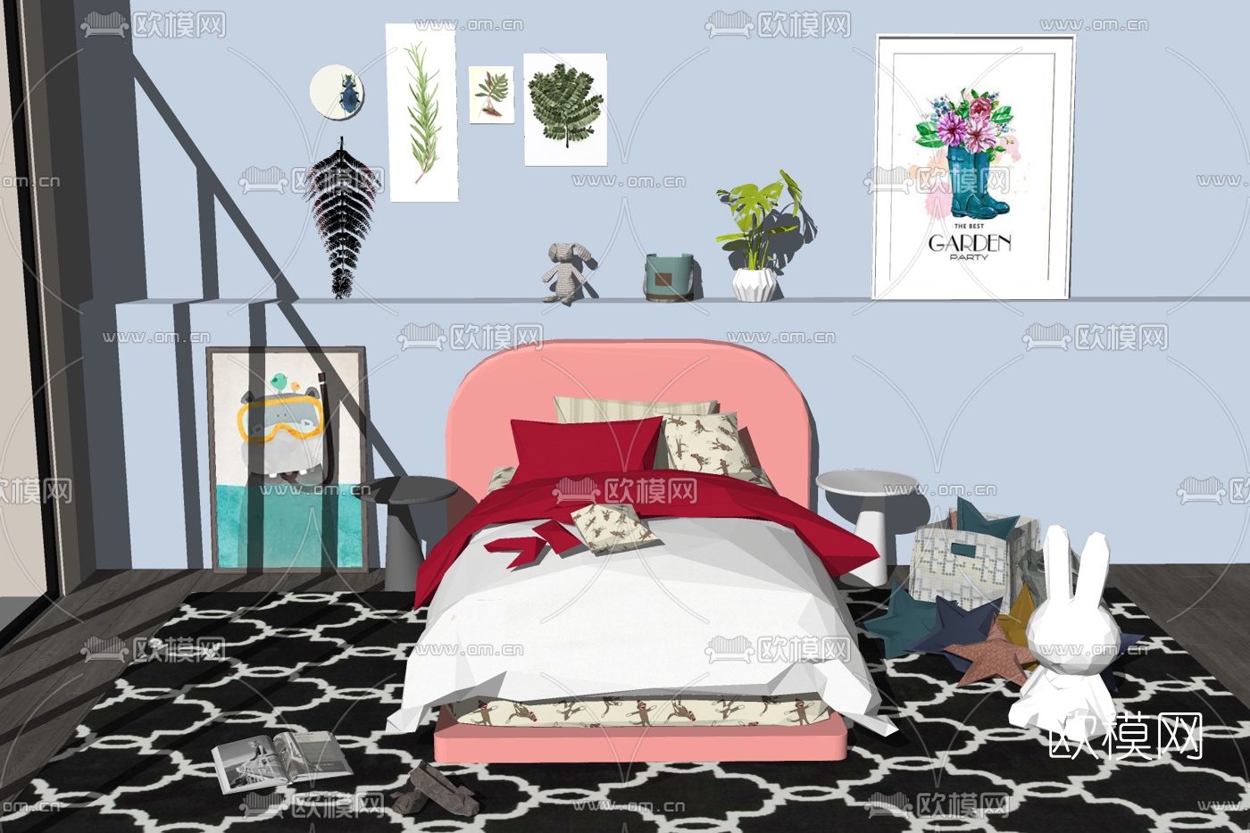 现代布艺儿童床su模型下载
