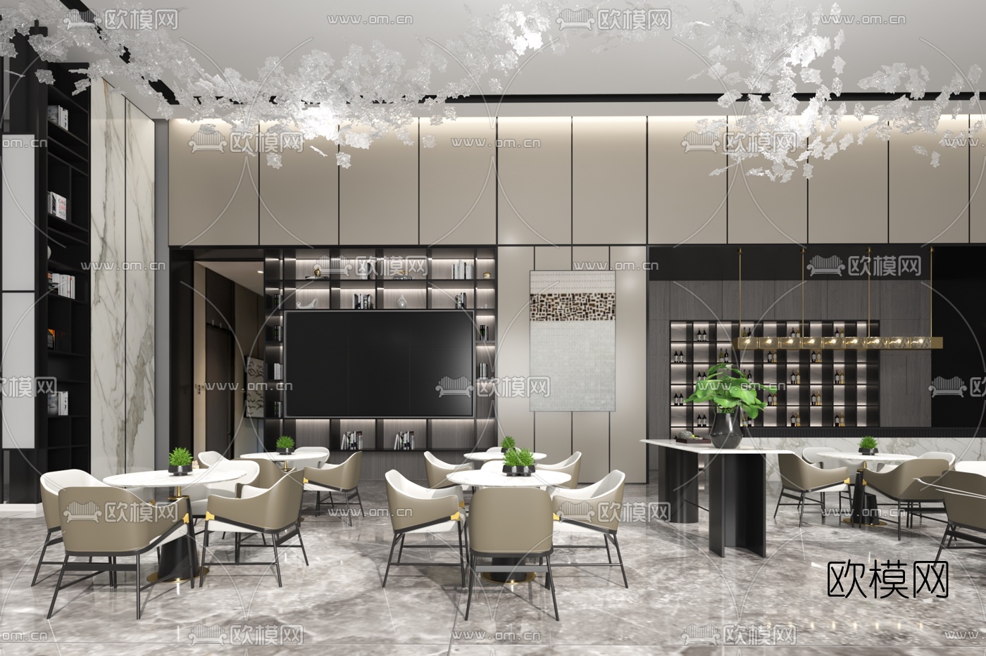 八圆素设计 新中式售楼处洽谈区3d模型下载