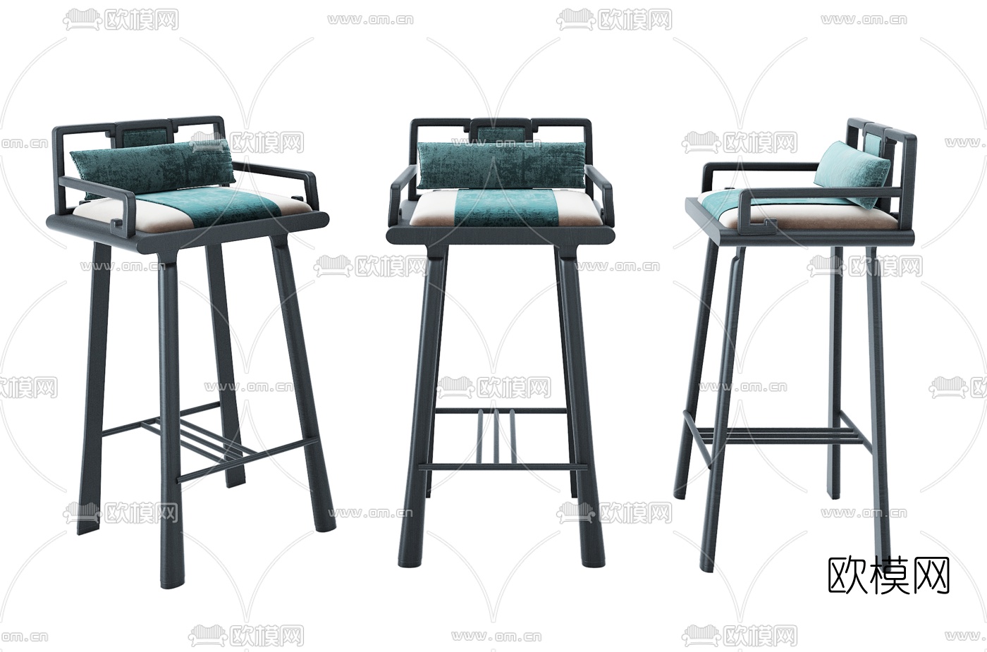 新中式实木吧椅3d模型下载（渲染图2）