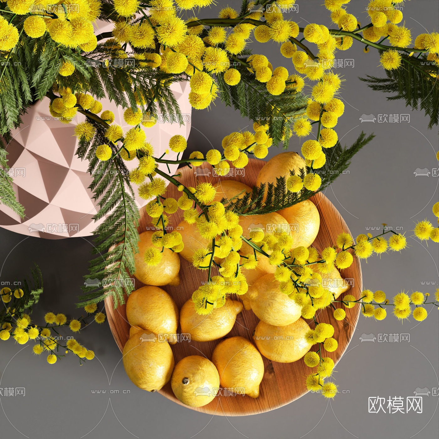 现代花瓶花艺柠檬果盘摆件3d模型