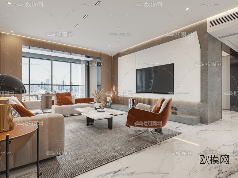 现代简约客厅餐厅3d模型下载(渲染图4)