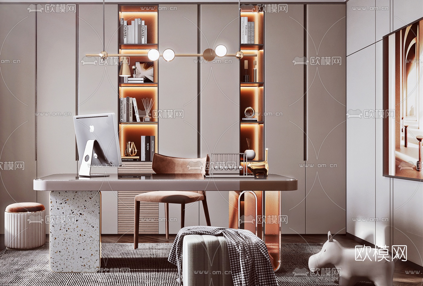 现代轻奢书房3d模型下载（渲染图2）