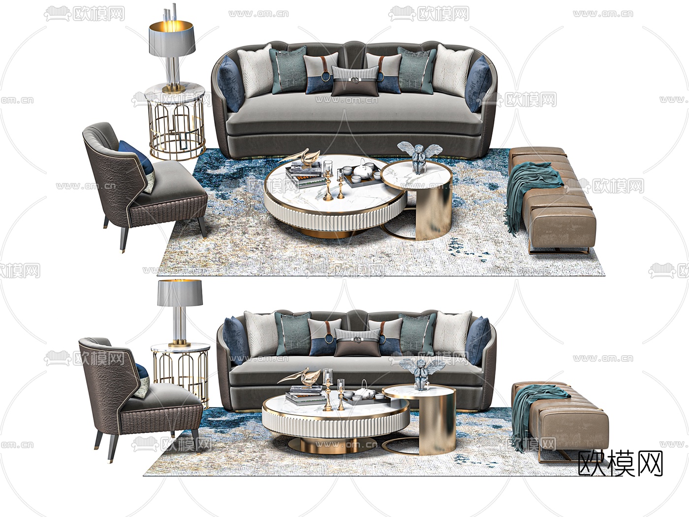 简欧布艺沙发组合su模型下载（渲染图1）