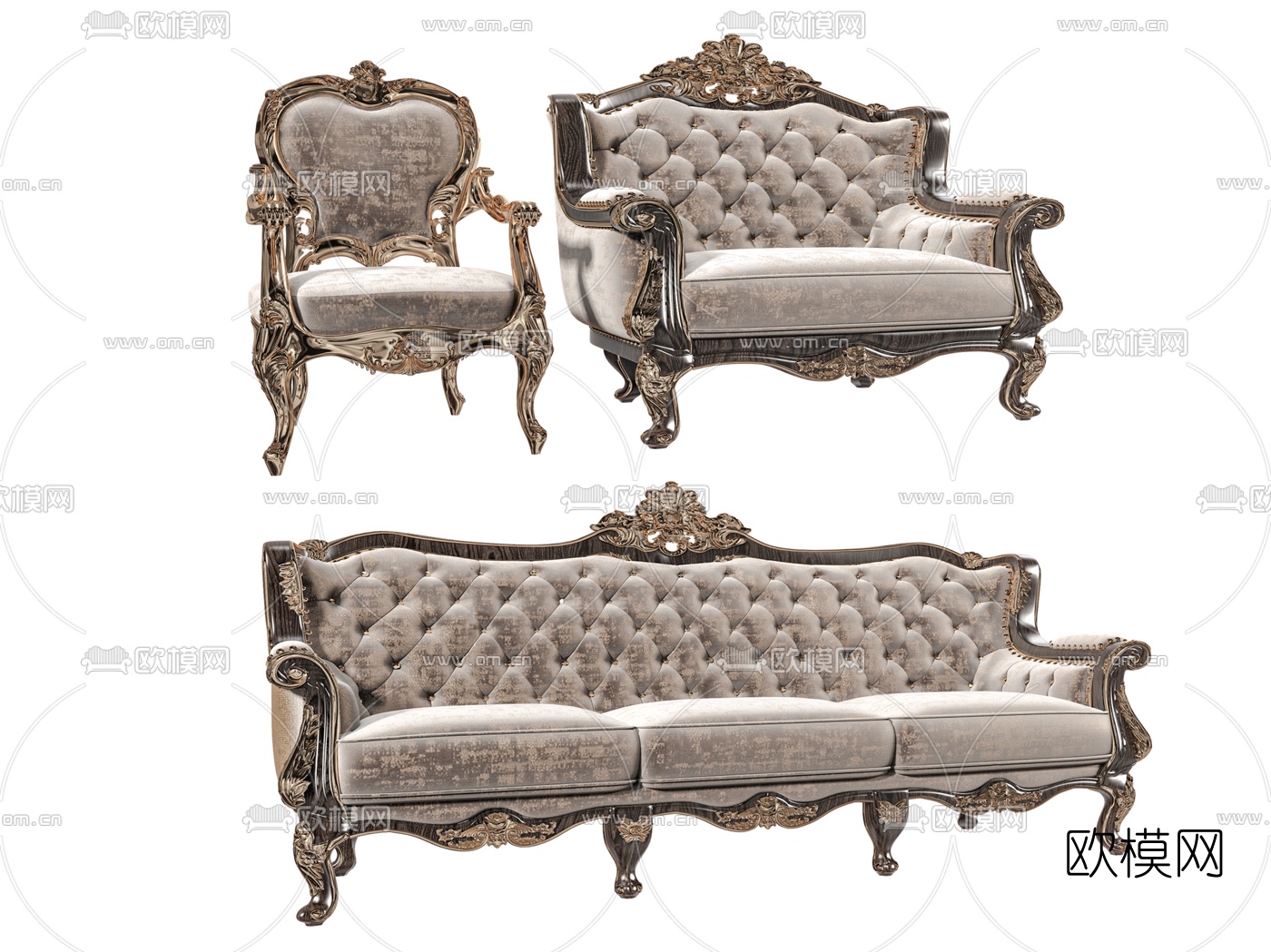 欧式绒布多人沙发su模型-免费3dmax模型库-欧模网