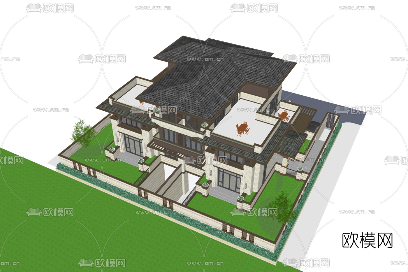 新中式独栋别墅外观su模型下载
