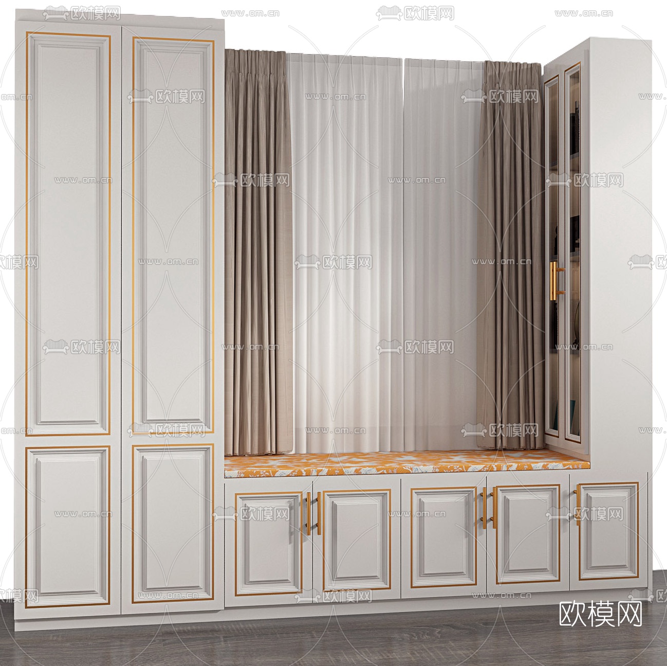 简欧一体式书桌椅飘窗衣柜3d模型下载（渲染图3）