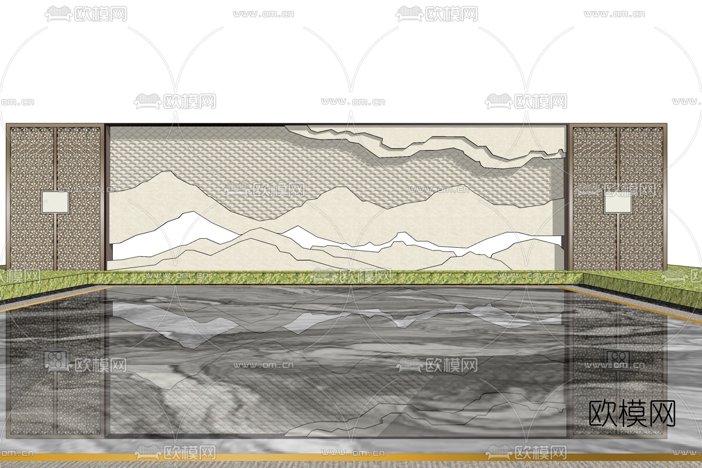 新中式景观墙免费su模型下载