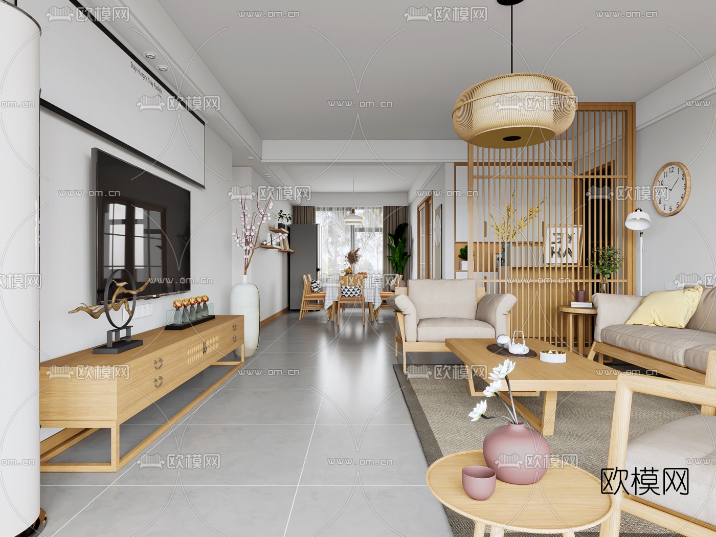 日式客厅餐厅3d模型下载（渲染图2）