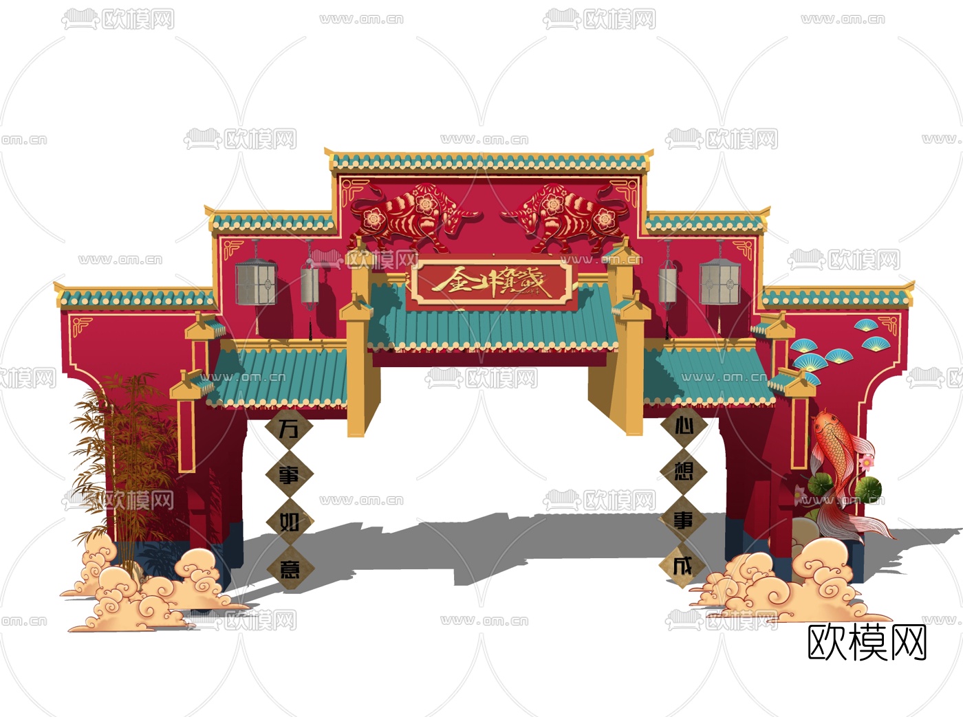 新中式牛年春节新年美陈su模型下载