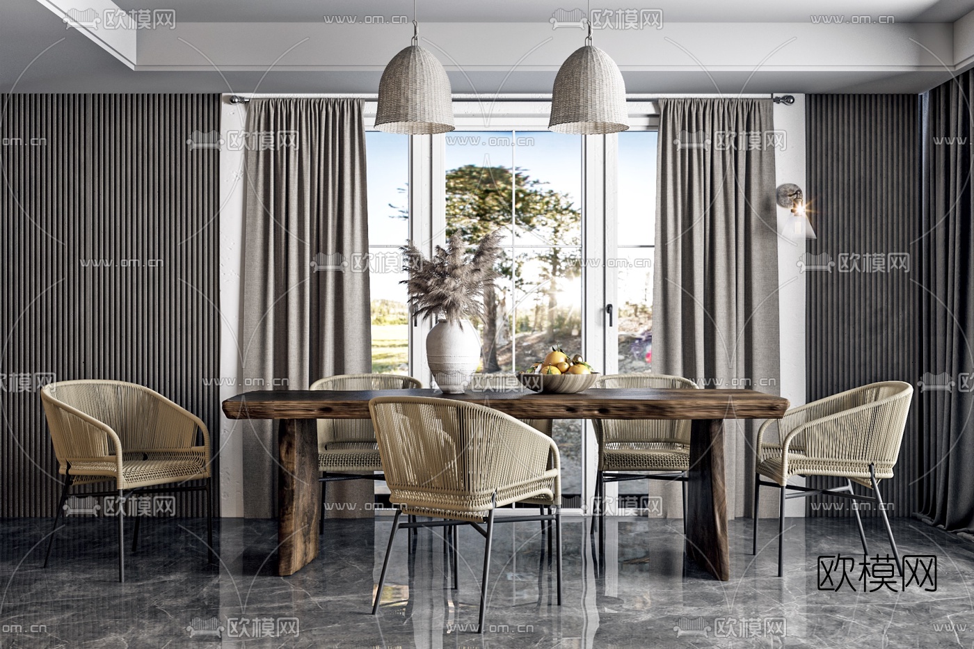 北欧原木户外餐桌椅3d模型下载（渲染图1）