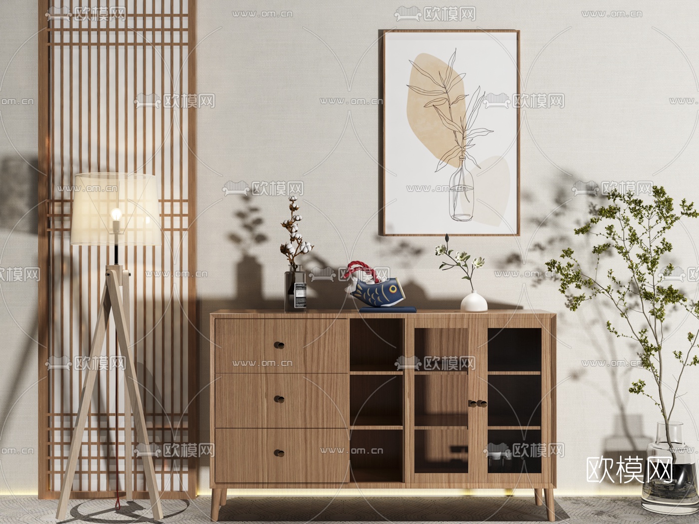 日式实木边柜落地灯3d模型下载