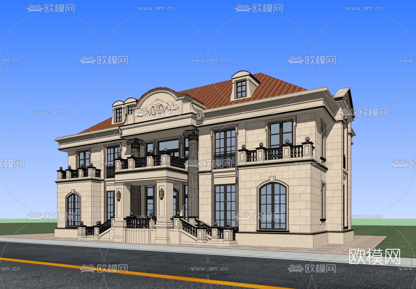 欧式独栋别墅su模型下载（渲染图2）