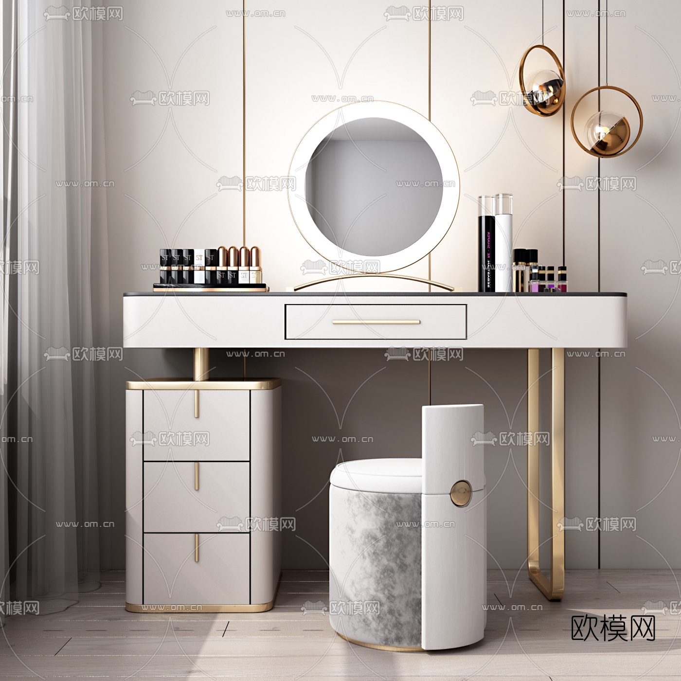 现代轻奢梳妆台3d模型下载（渲染图1）