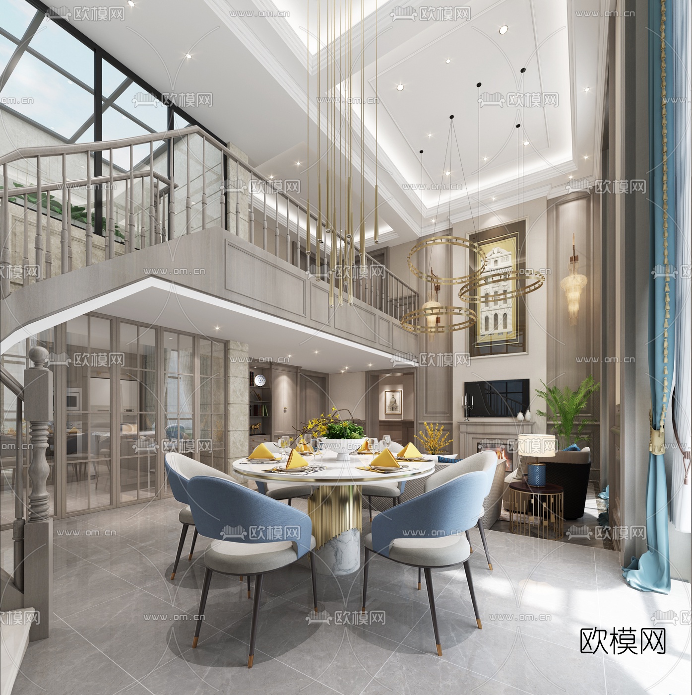 简美别墅客厅餐厅免费3d模型下载