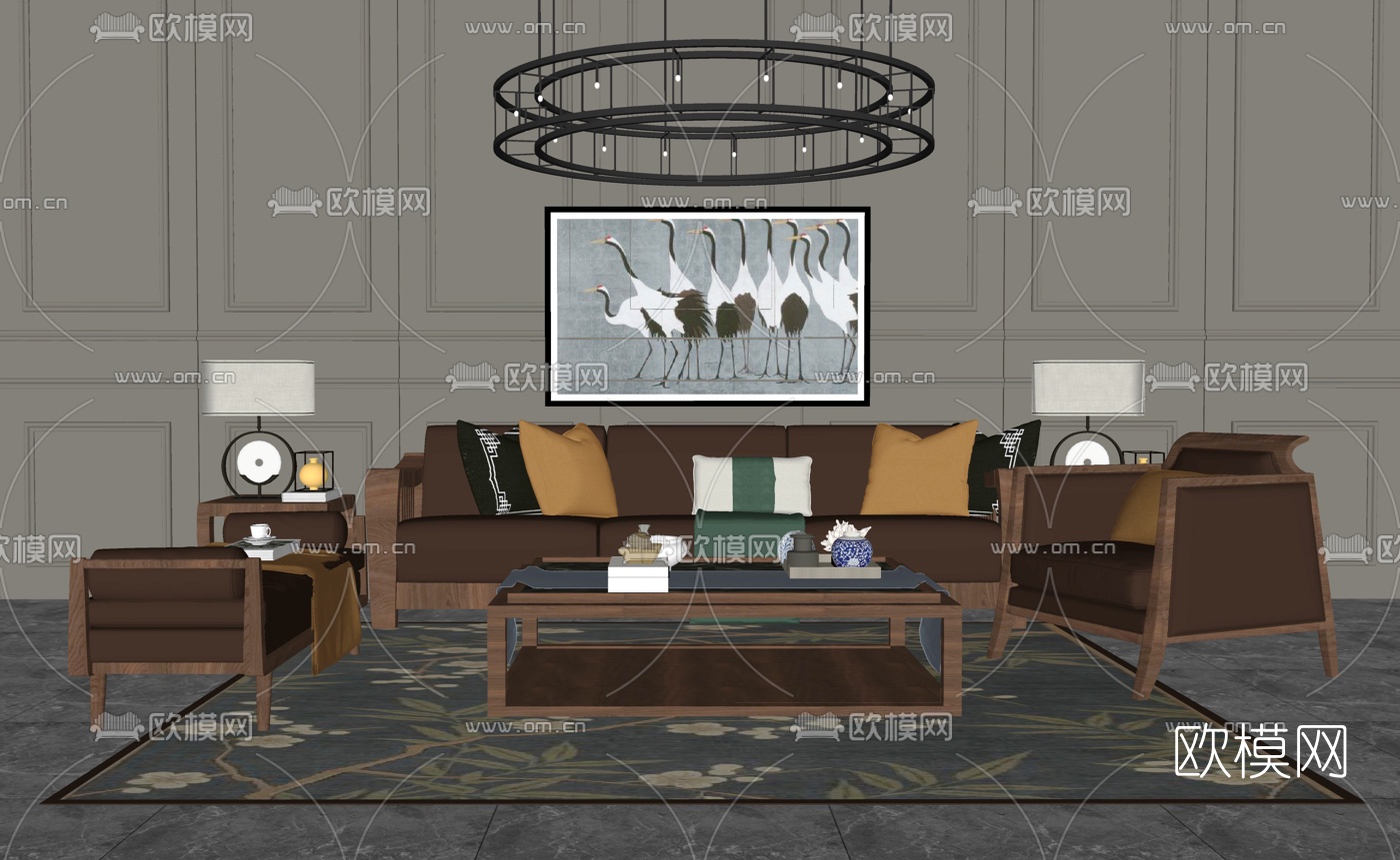 新中式布艺组合沙发su模型下载