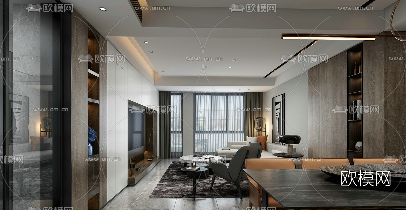 现代客厅餐厅免费3d模型下载（渲染图1）