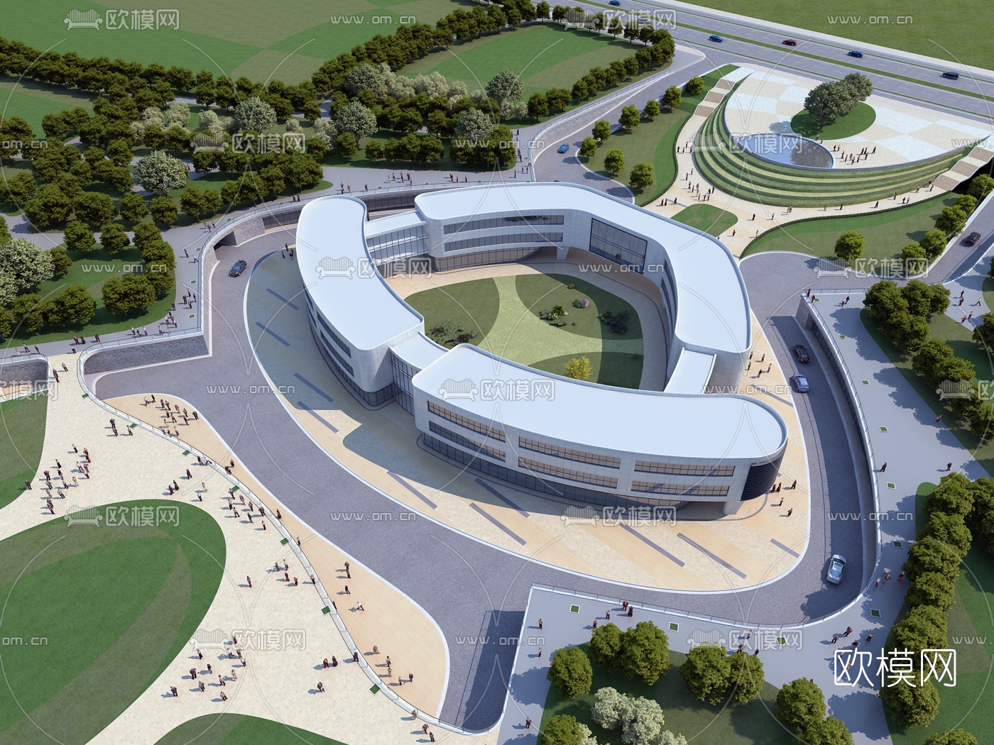 现代展厅馆鸟瞰3d模型下载（渲染图2）