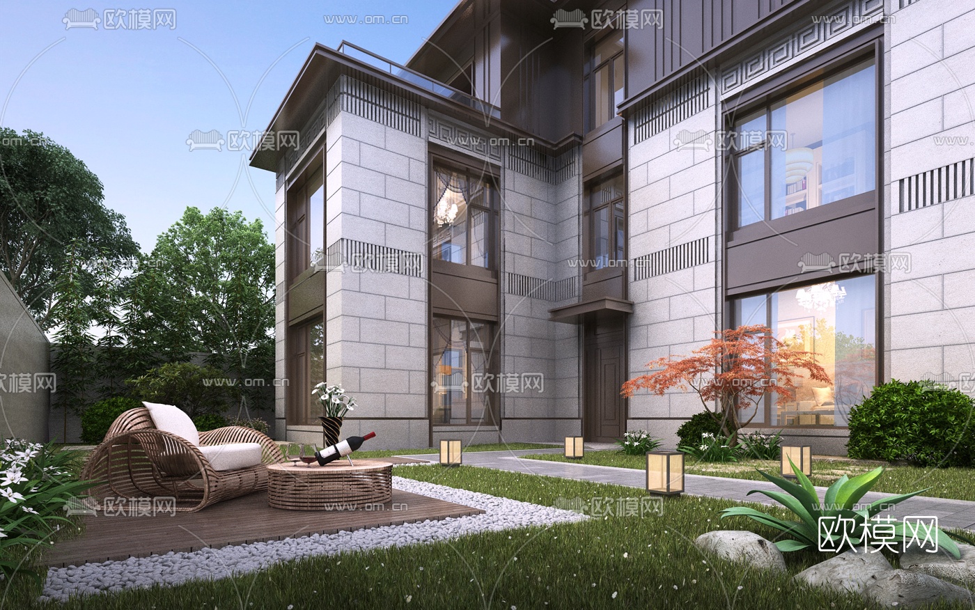 新中式独栋别墅庭院花园3d模型