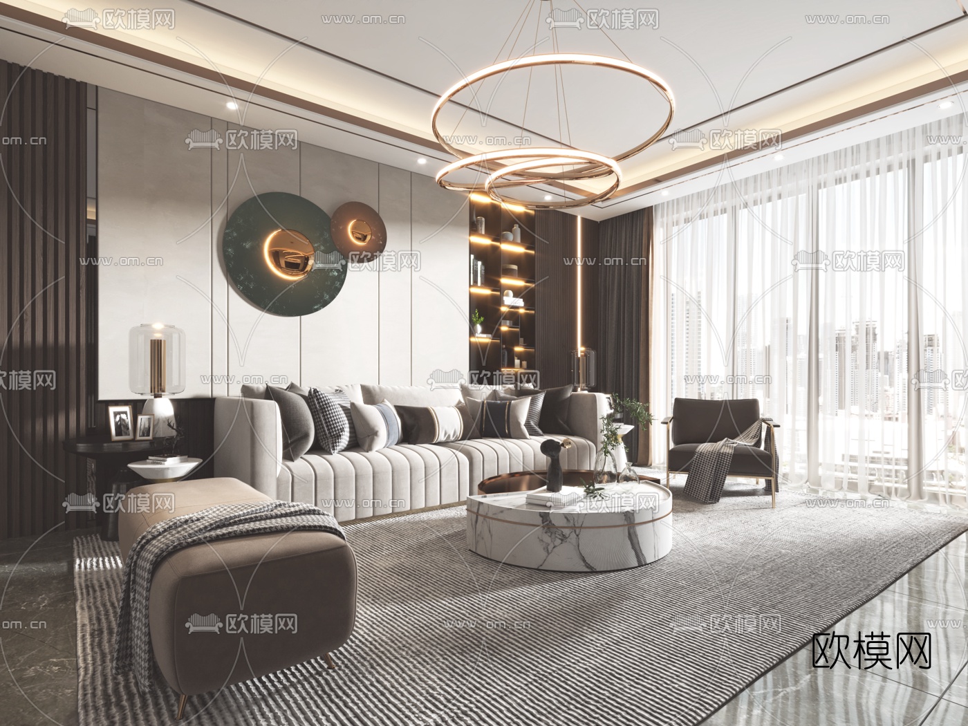 现代轻奢客厅3d模型下载（渲染图2）