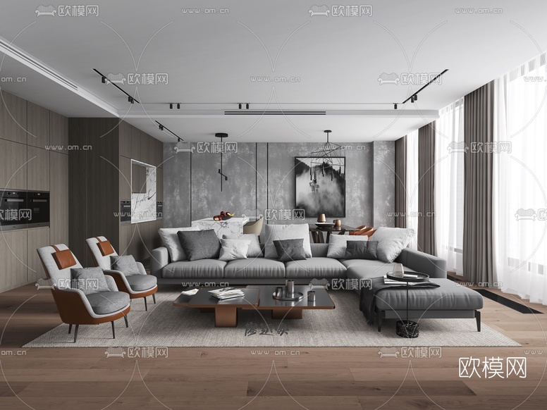 现代布艺转角多人沙发组合3d模型下载