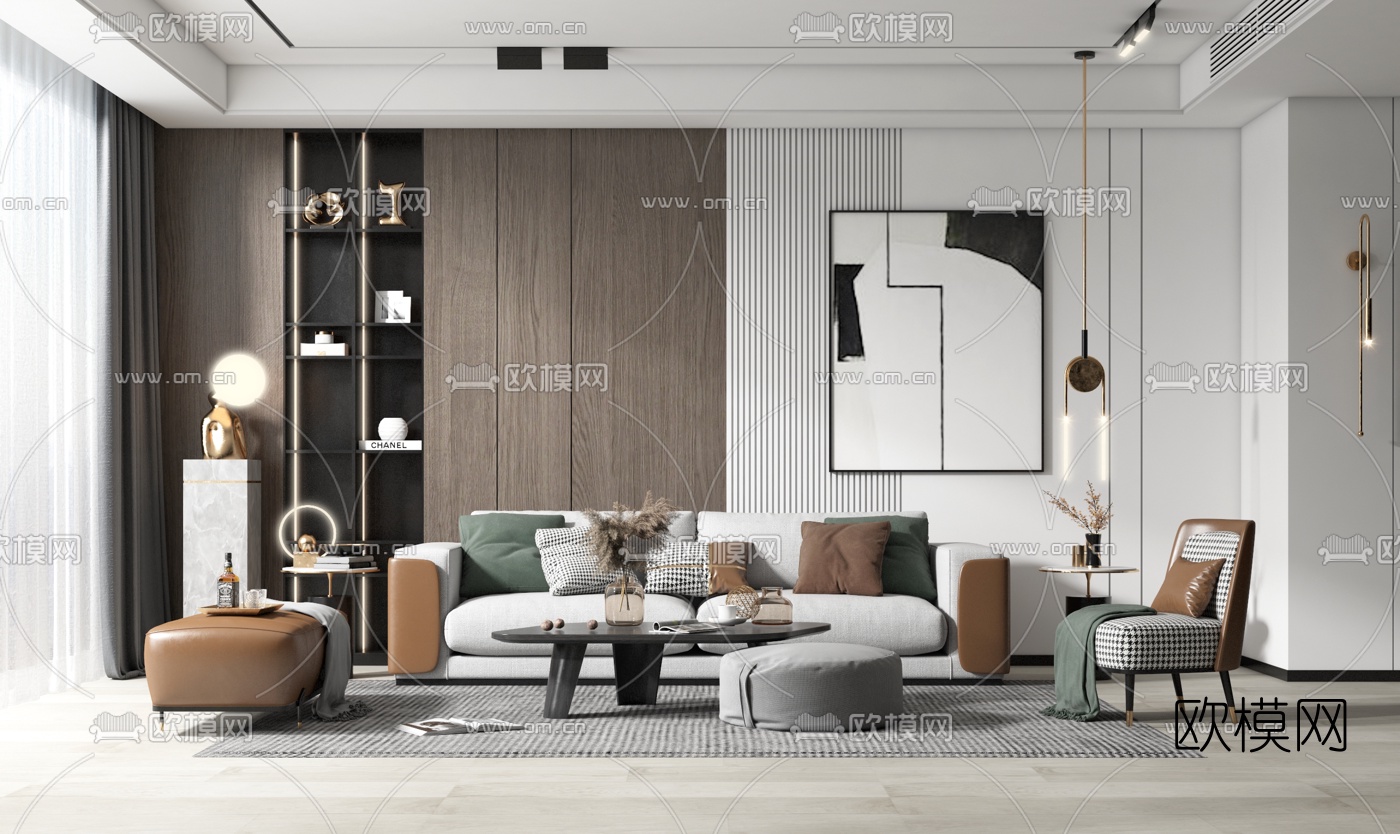 现代布艺沙发组合3d模型下载