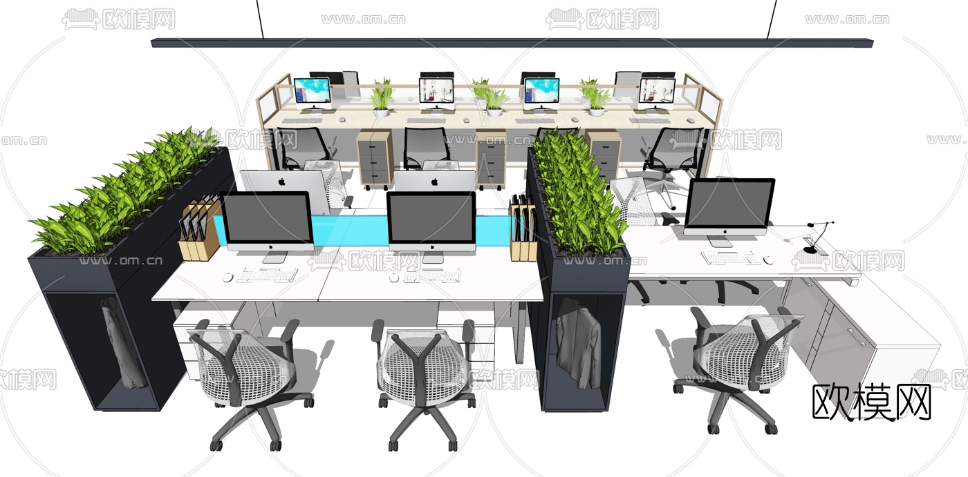 现代卡座办公桌椅su模型