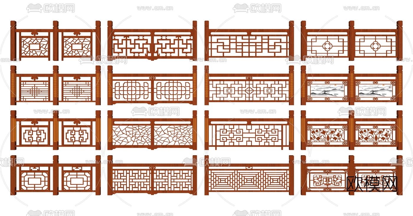 中式栏杆护栏扶手su模型下载