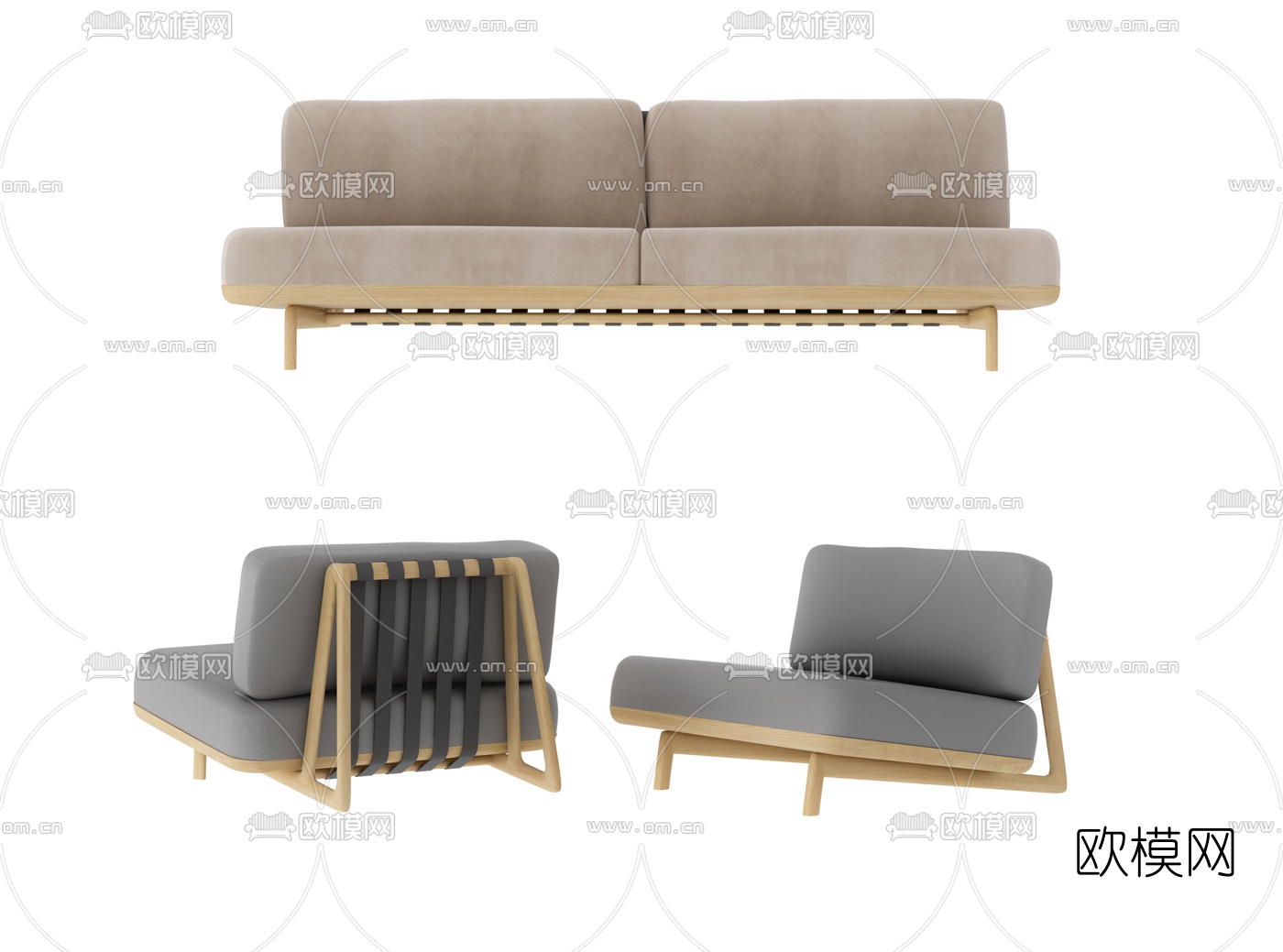 现代布艺单人双人沙发3d模型下载（渲染图1）