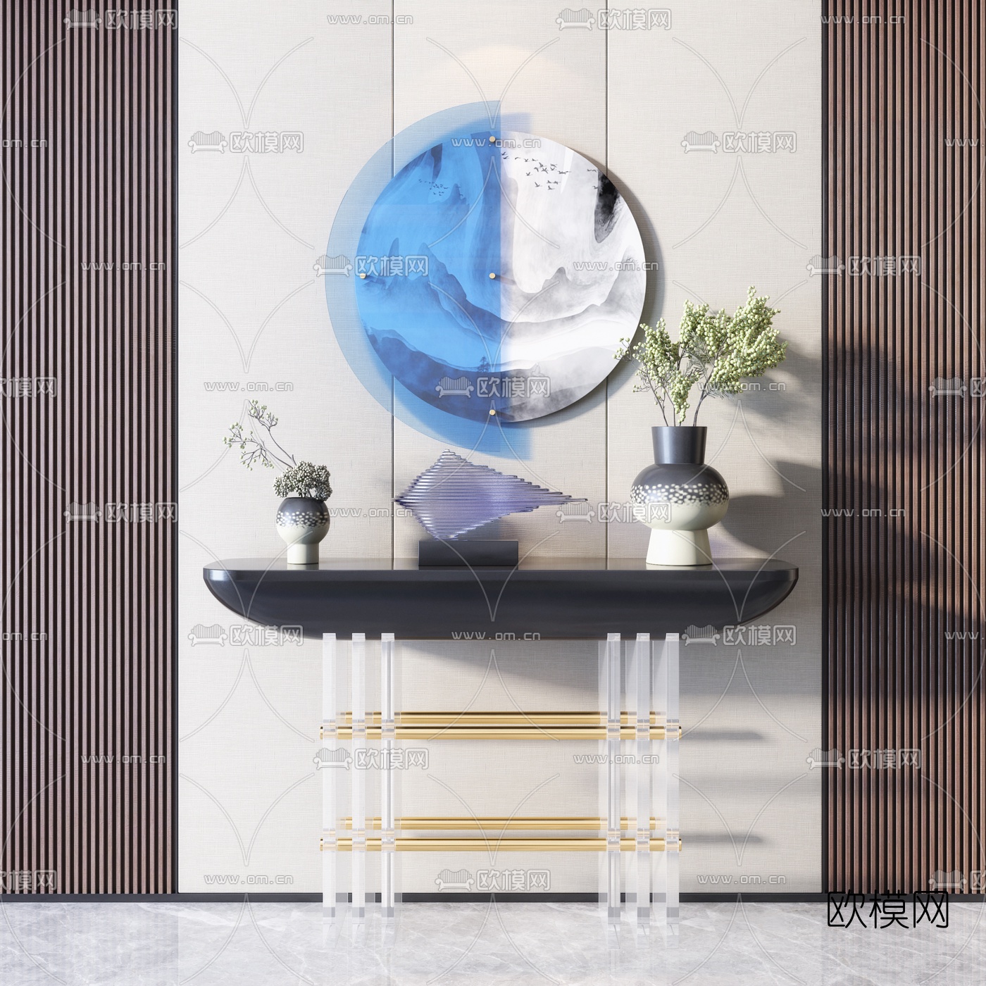 新中式玄关端景条案3d模型下载（渲染图1）