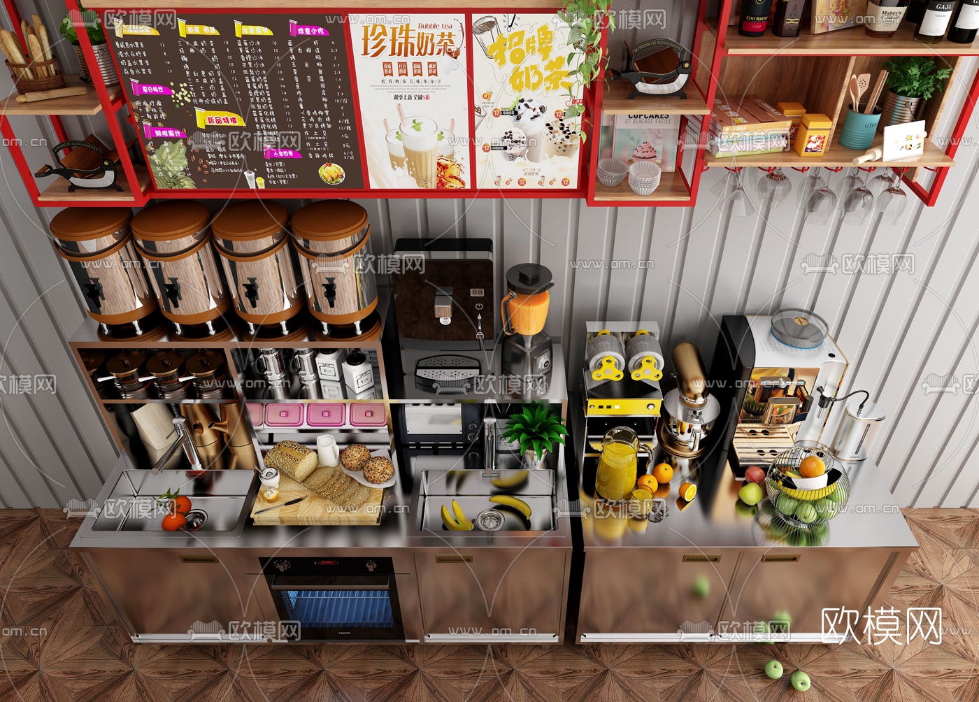 现代咖啡奶茶店操作台3d模型下载（渲染图2）