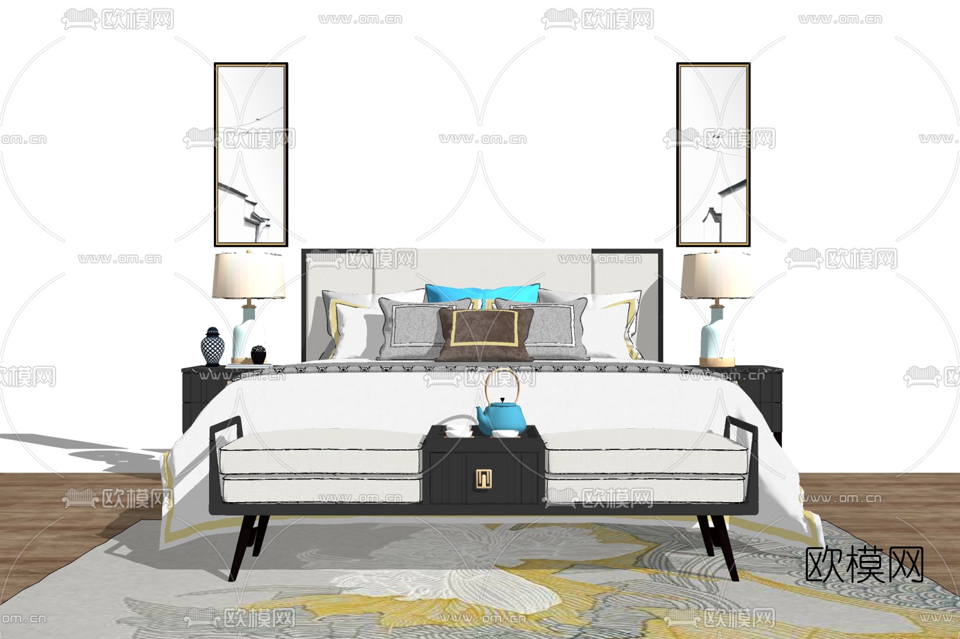 现代布艺双人床免费su模型下载