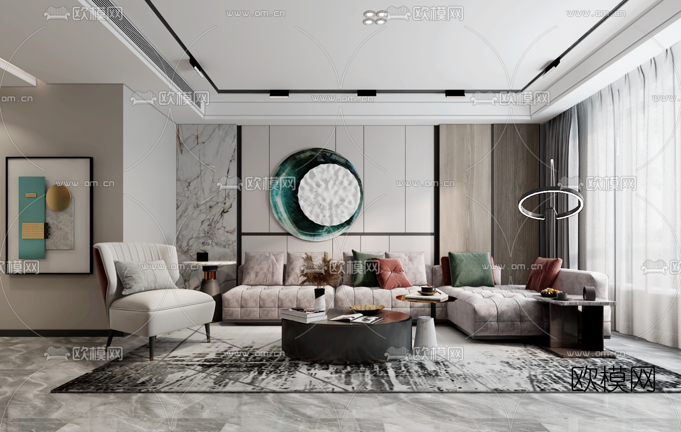 现代轻奢客厅餐厅3d模型下载（渲染图1）