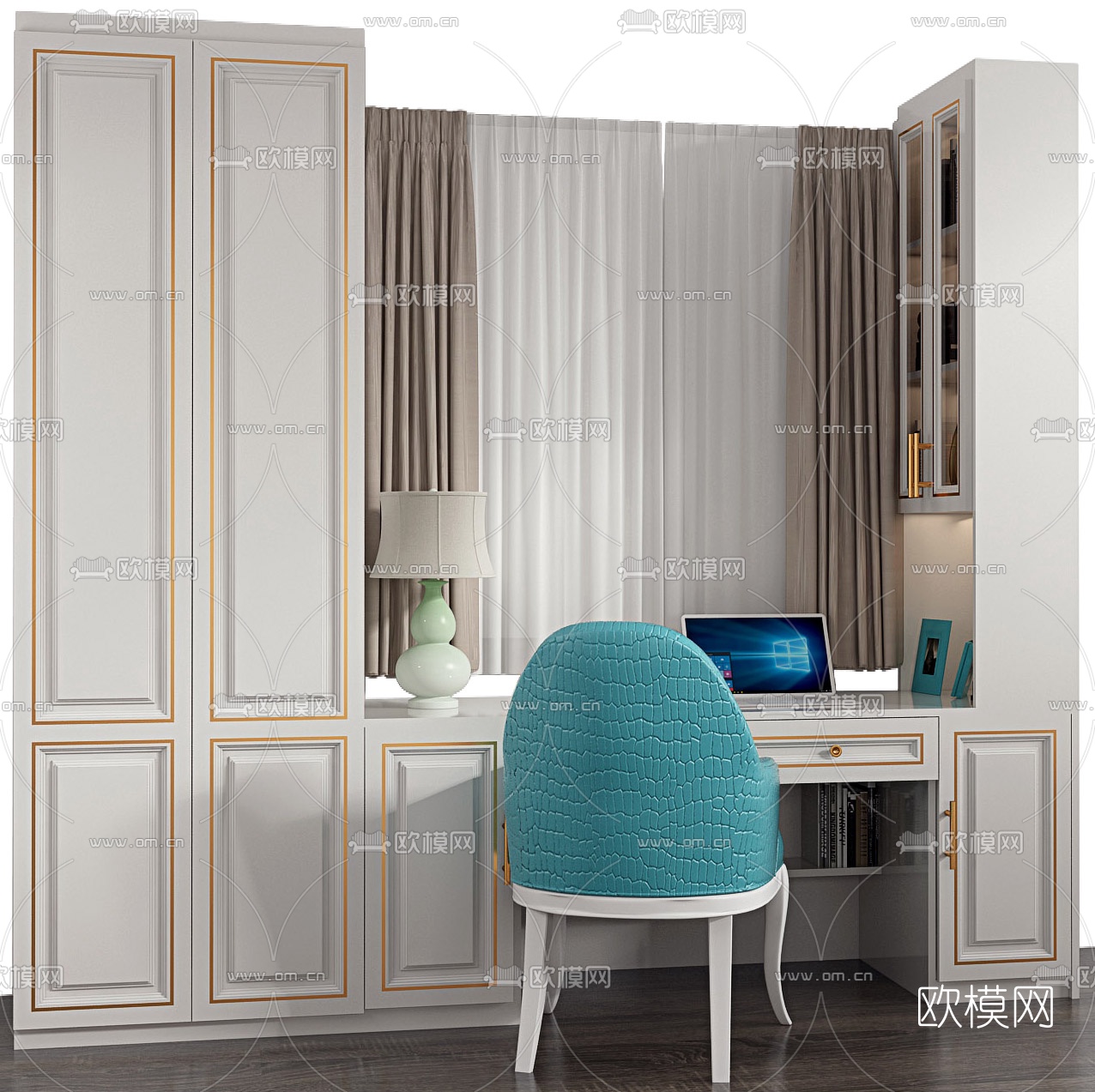 简欧一体式书桌椅飘窗衣柜3d模型下载（渲染图5）