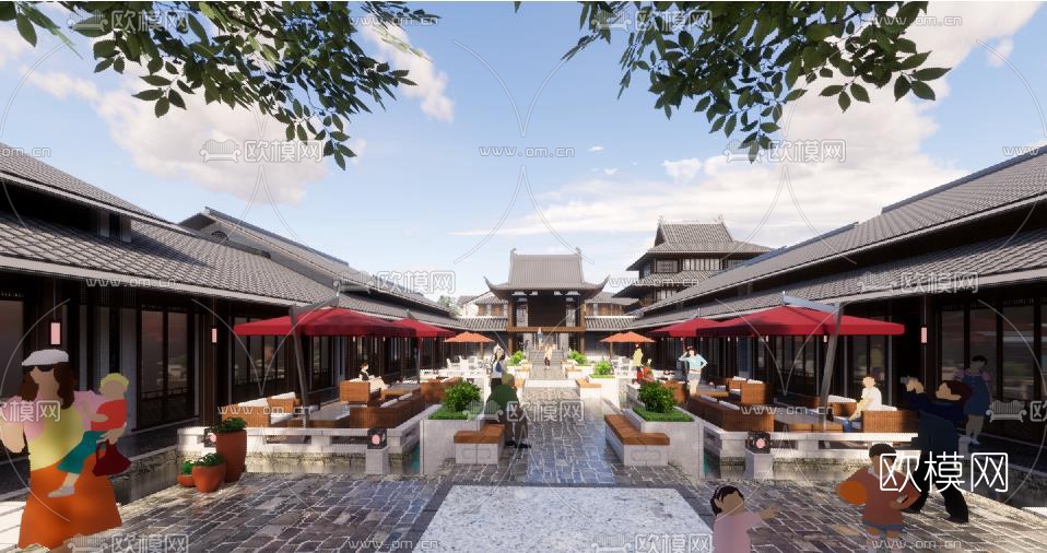 中式风情商业街su模型下载（渲染图7）