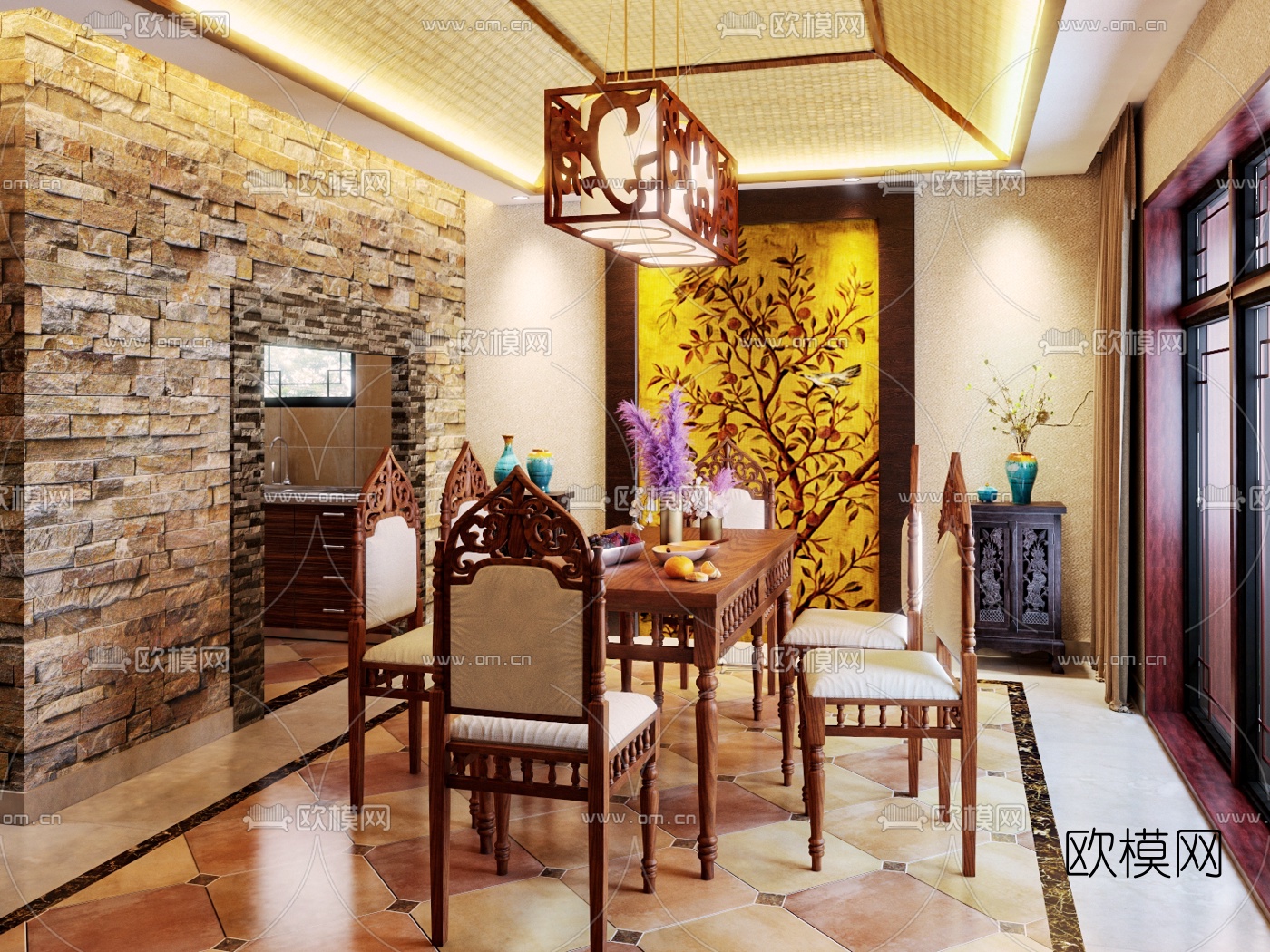 东南亚轻奢餐厅3d模型下载