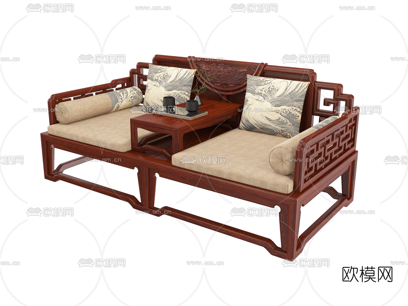 中式实木罗汉床3d模型下载（渲染图1）