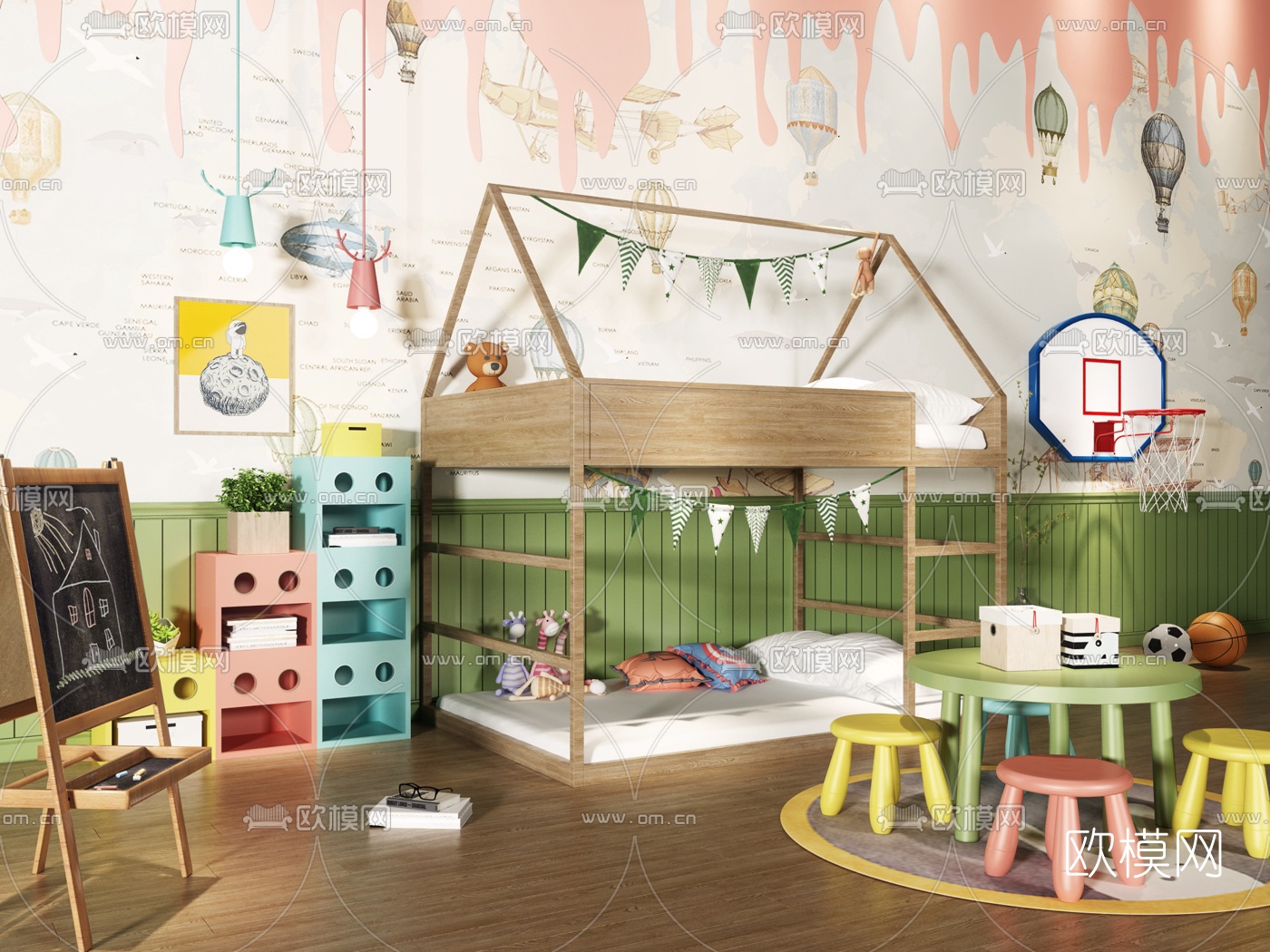 北欧儿童床儿童桌椅3d模型下载