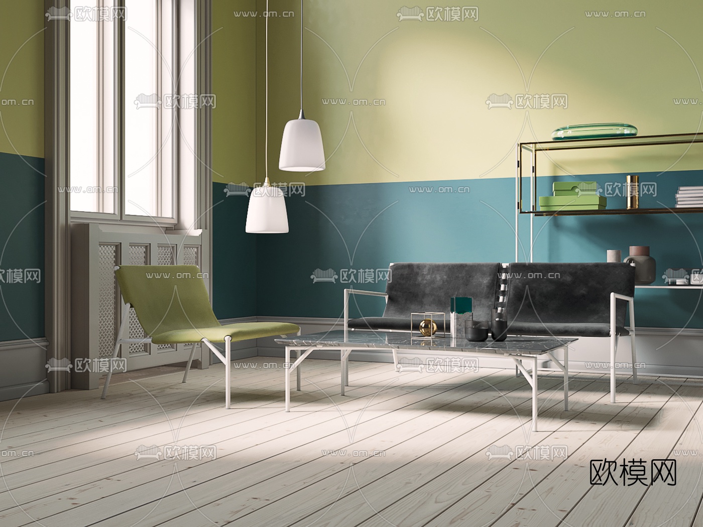 北欧极简绒布沙发组合3d模型下载（渲染图1）