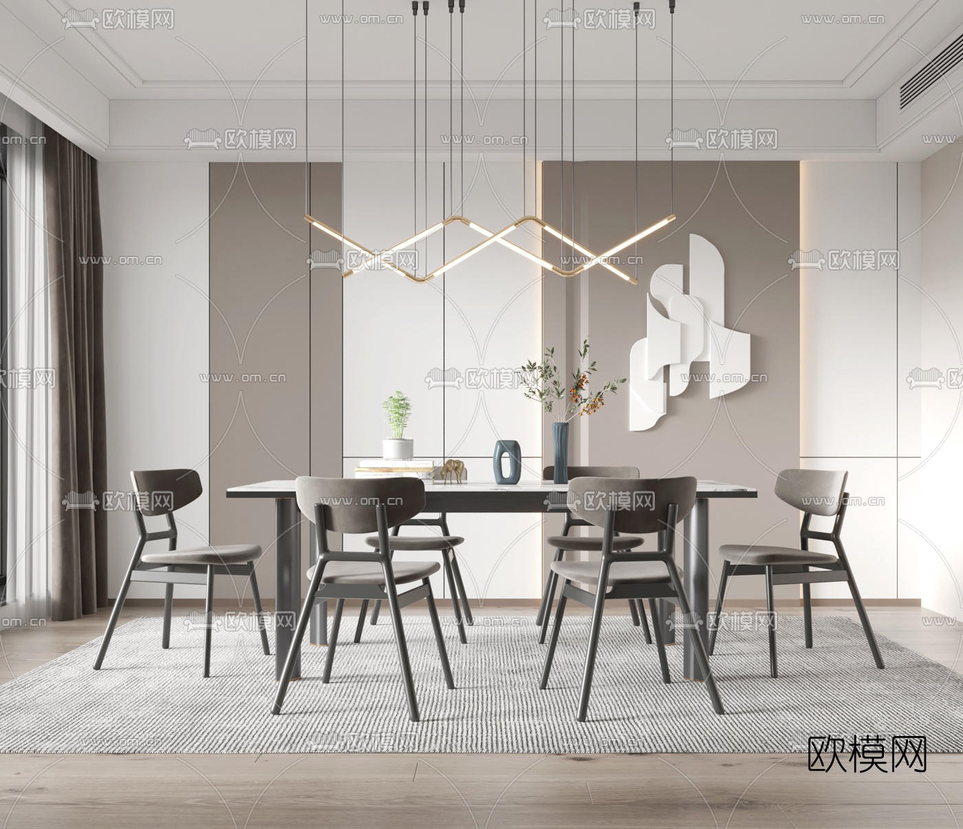 现代大理石条形餐桌椅3d模型下载