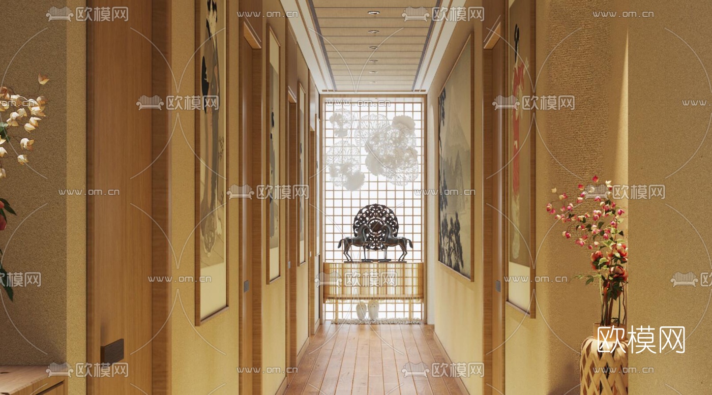 日式美容会所过道3d模型下载（渲染图2）