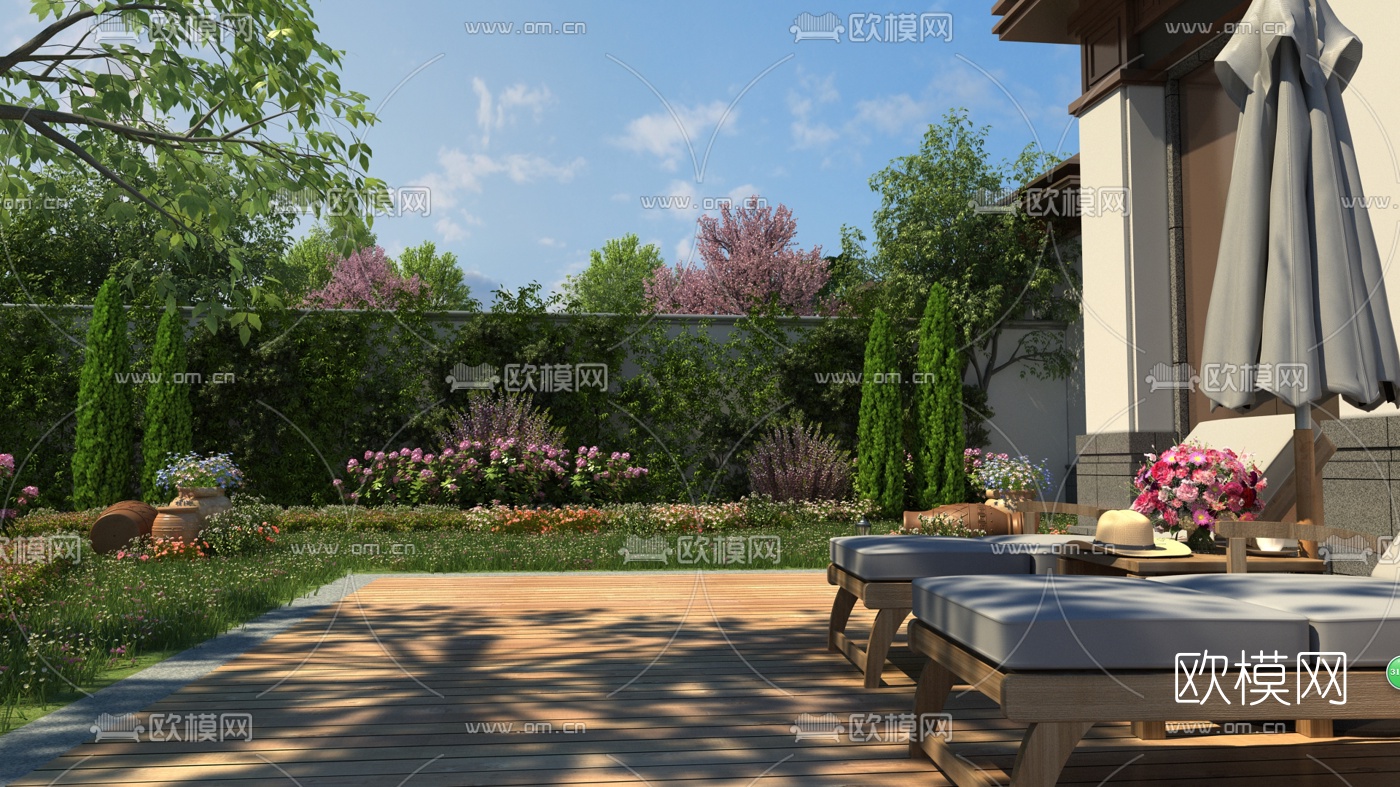 现代别墅庭院景观3d模型下载