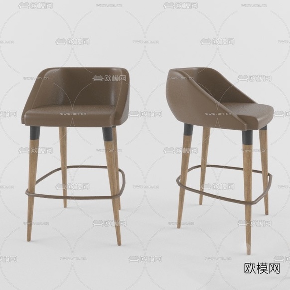 北欧实木皮革吧台椅免费3d模型下载