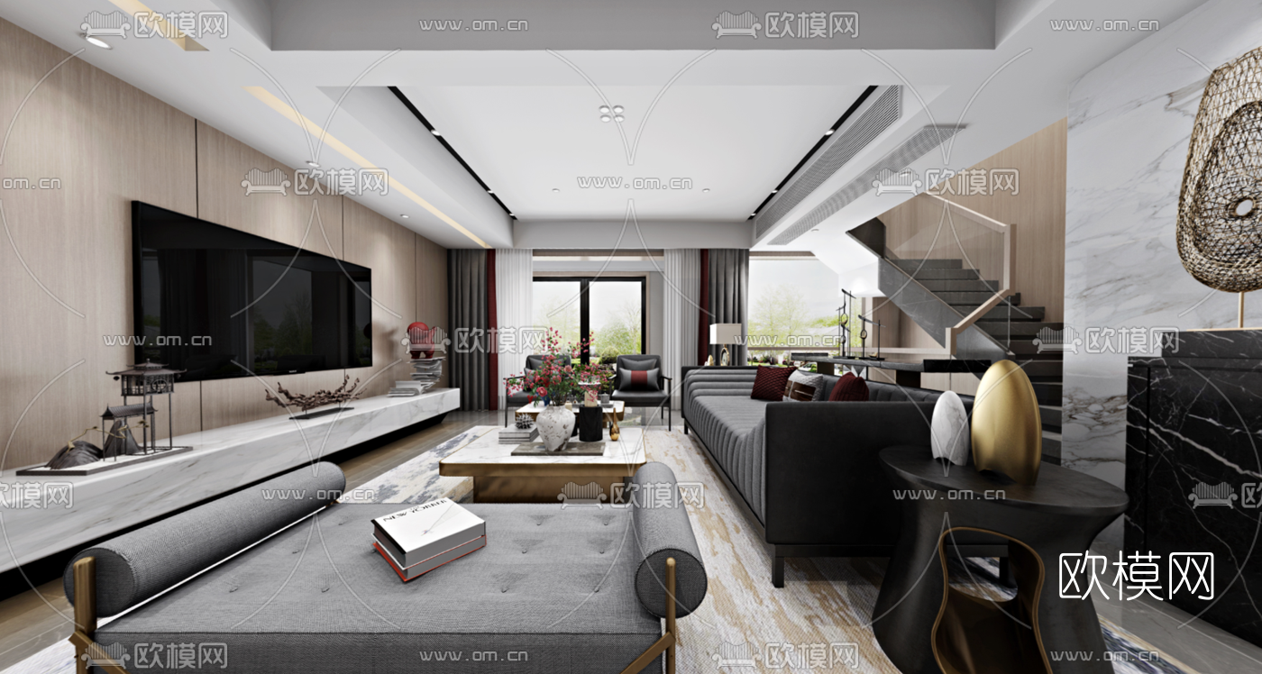 现代轻奢客厅餐厅vr全景3d模型