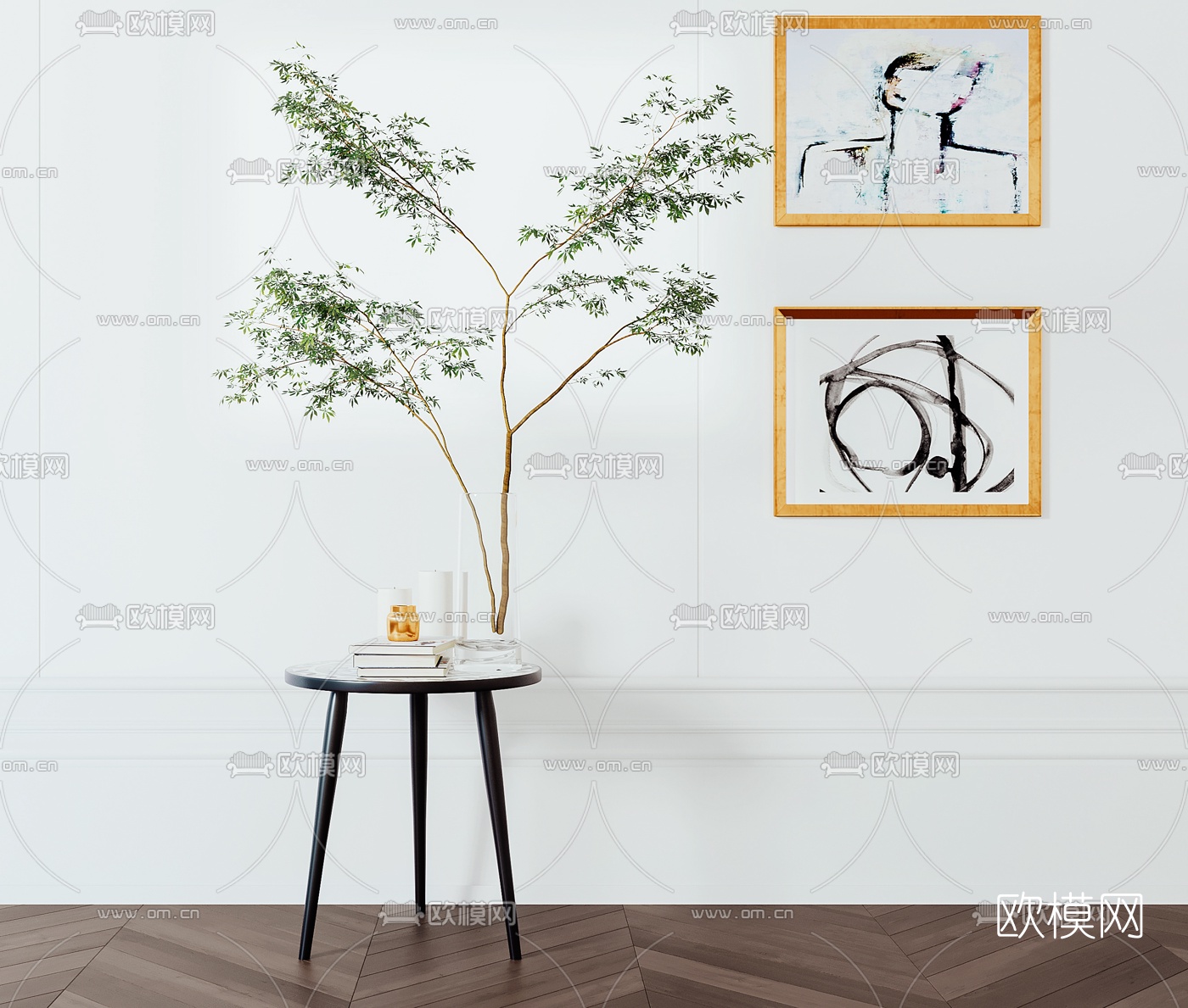现代角几圆几绿植摆件组合3d模型