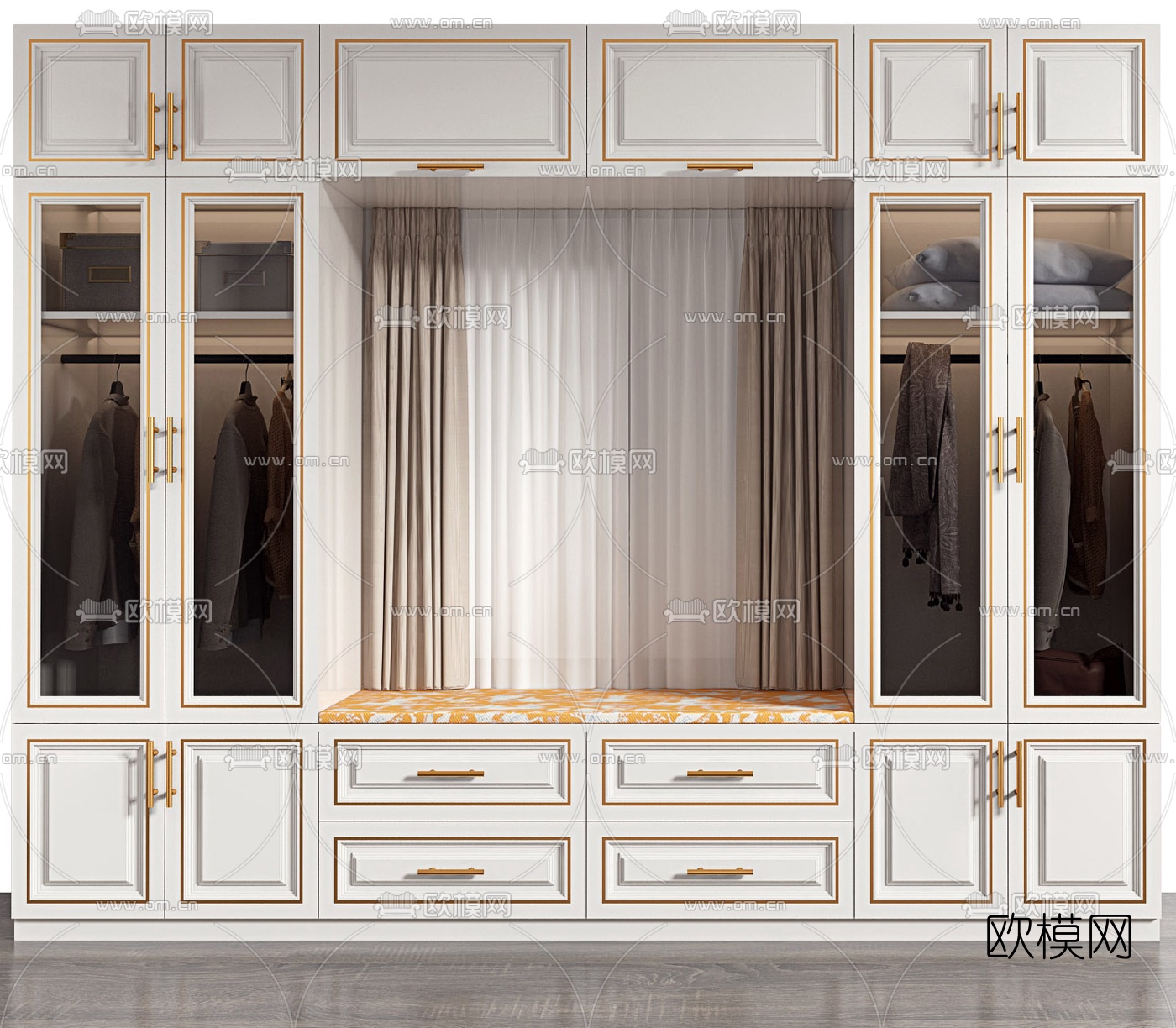 简欧一体式书桌椅飘窗衣柜3d模型下载（渲染图2）