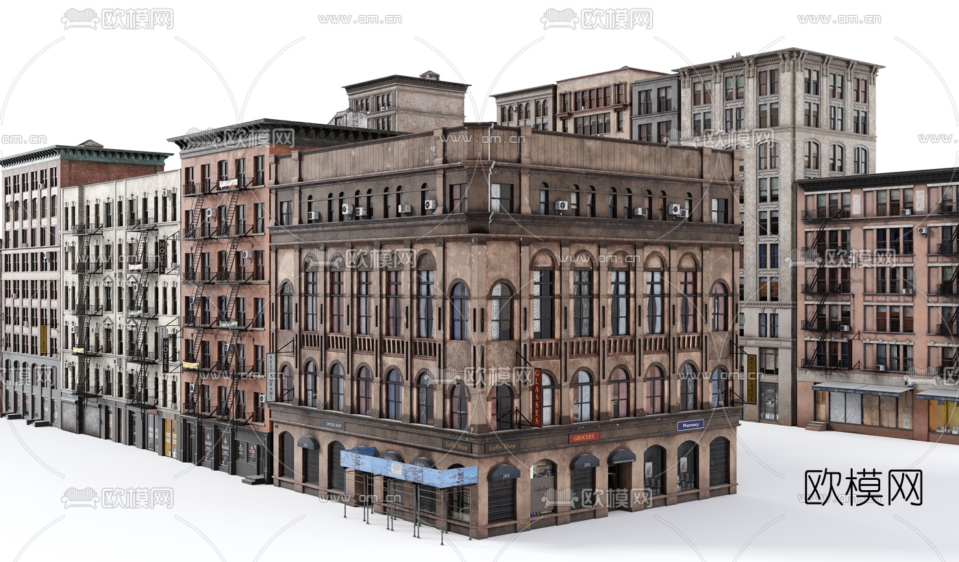 美式街道楼房建筑构件3d模型下载（渲染图2）