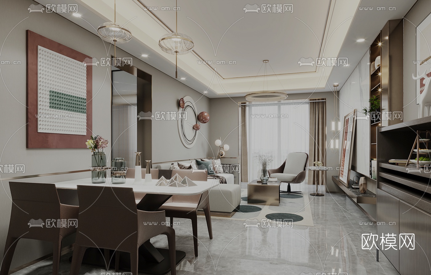 现代轻奢客厅餐厅su模型